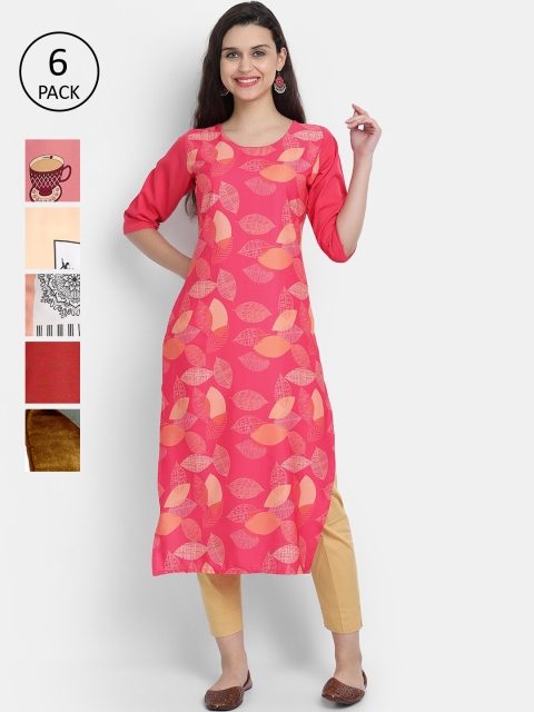 

Ethnic basket Women Pack Of 5 Ethnic Motifs Printed Crepe Kurtas, Multi
