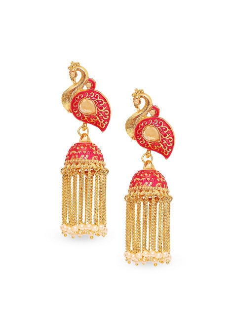 

Mahi Red Gold-Plated Stone Studded & Beaded Meenakari Tasseled Dome Shaped Jhumkas