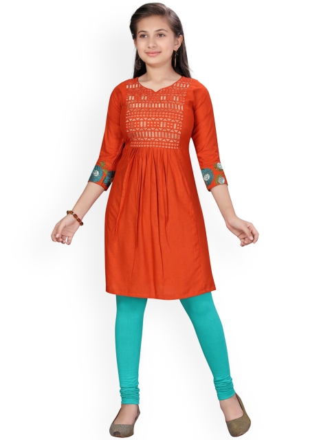 

Aarika Girls Orange & Beige Embroidered Pure Cotton Straight Kurti