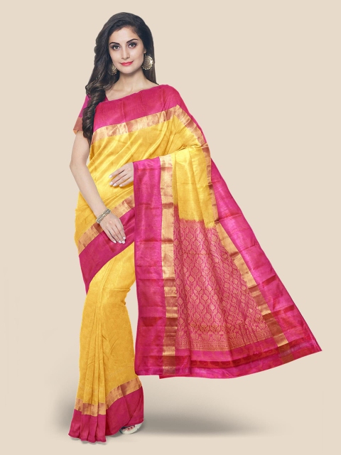 

KLM Fashion Mall Yellow & Pink Silk Blend Solid Kanjeevaram Saree