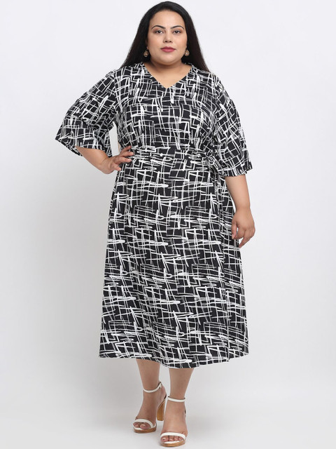 

sindrellastorie Women Plus Size Black & White Printed A-Line Midi Dress with Belt