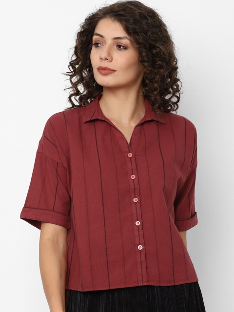 

Allen Solly Woman Rust Red & Black Regular Fit Self-Striped Cotton Casual Shirt