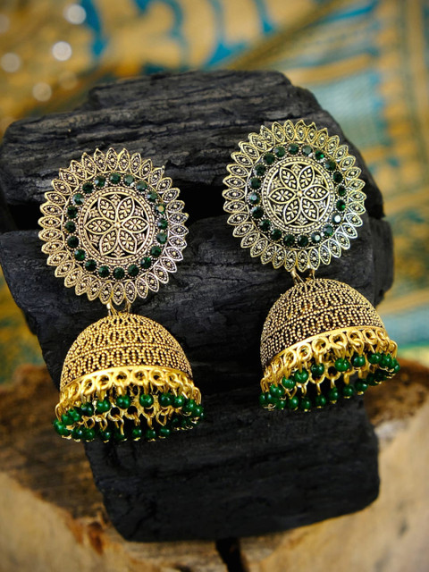 

Crunchy Fashion Green Antique Gold-Plated Stone Studded & Beaded Dome Shaped Jhumkas