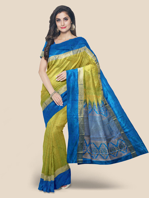 

KLM Fashion Mall Green & Blue Silk Blend Solid Kanjeevaram Saree