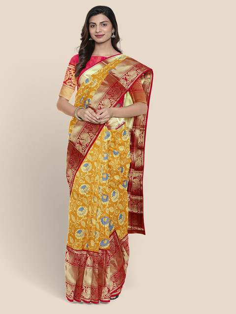 

Kalamandir Mustard Yellow & Maroon Silk Blend Printed Kanjeevaram Saree