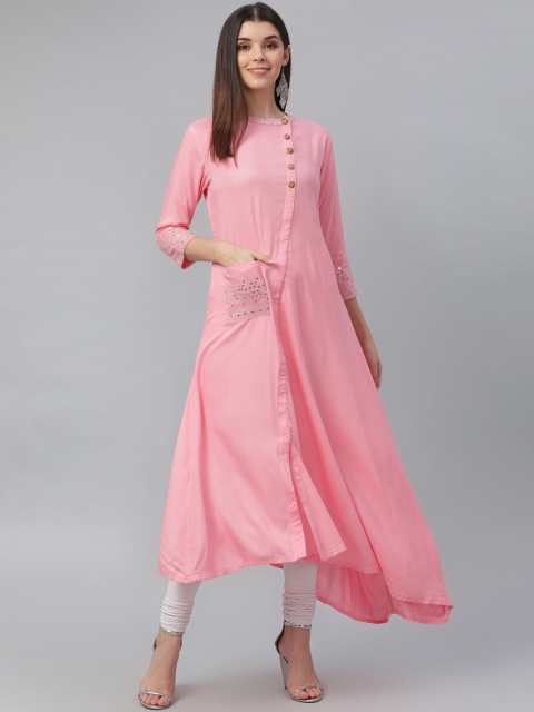 

nesara Women Pink Embellished Asymmetric Round Neck Kurta