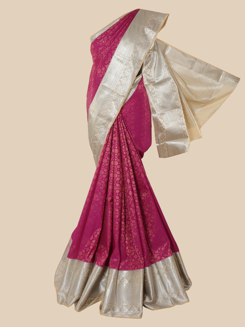 

Pothys Magenta & Silver-Toned Pure Silk Printed Saree
