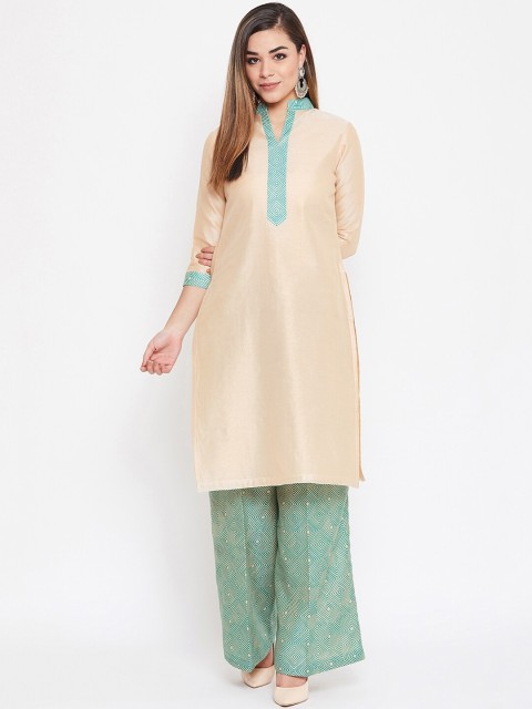 

TULIP 21 Women Beige & Green Regular Straight Chanderi Silk Kurta with Palazzos