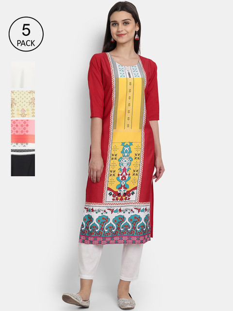 

Ethnic basket Women Pack Of 5 Multicoloured Printed Crepe Kurtas, Multi