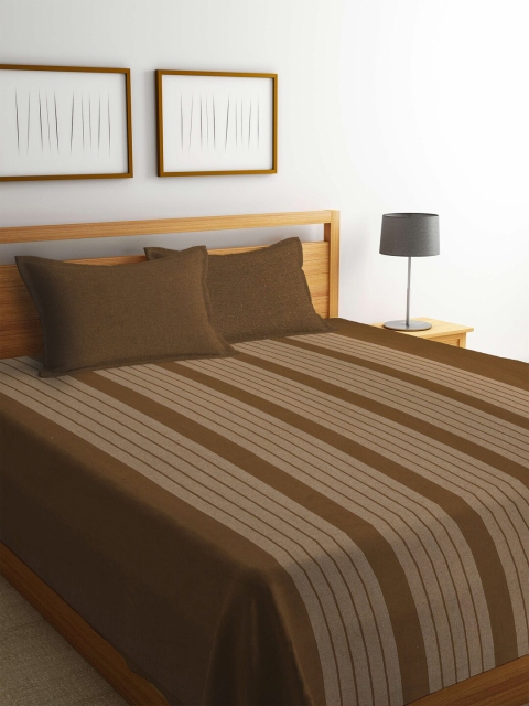 

KLOTTHE Brown Striped Cotton 1 Double King Bedcover With 2 Pillow Covers