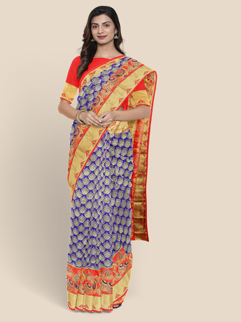 

KLM Fashion Mall Navy Blue Silk Blend Woven Design Kanjeevaram Saree