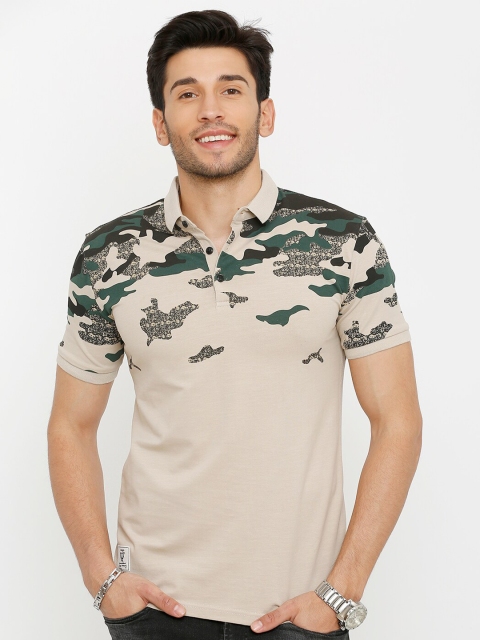 

Rex Straut Jeans Men Beige Camouflage Printed Polo Collar Slim Fit Tshirts