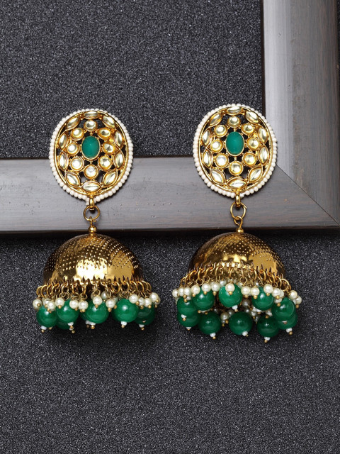 

Ibtida Off-White & Green Gold-Plated Studded & Beaded Dome Shaped Handcrafted jhumkas