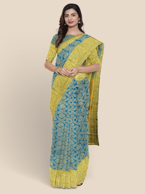 

Kalamandir Blue & Yellow Silk Blend Woven Design Kanjeevaram Saree