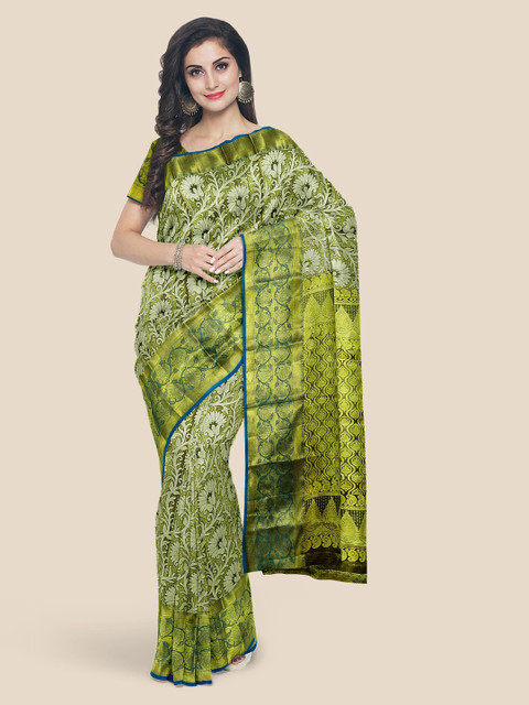 

KLM Fashion Mall Olive Green Silk Blend Woven Design Kanjeevaram Saree