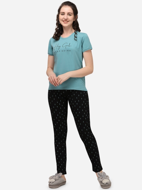 

Lenissa Women Teal Blue & Black Printed Night suit