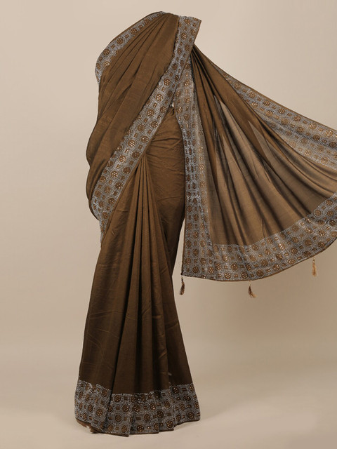 

Pothys Brown Solid Jute Silk Saree With Embellished Border