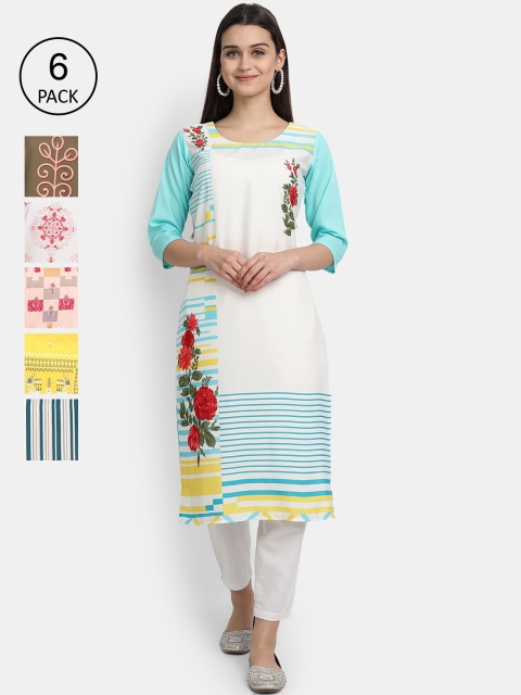 

Ethnic basket Women Pack of 6 Ethnic Motifs Printed Crepe Kurta, Blue