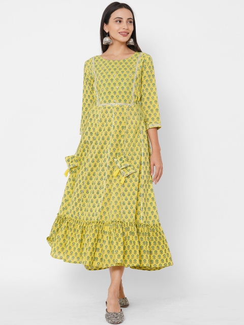 

FASHOR Women Yellow & Green Floral Printed Tiered Midi Dress With Tie-Ups