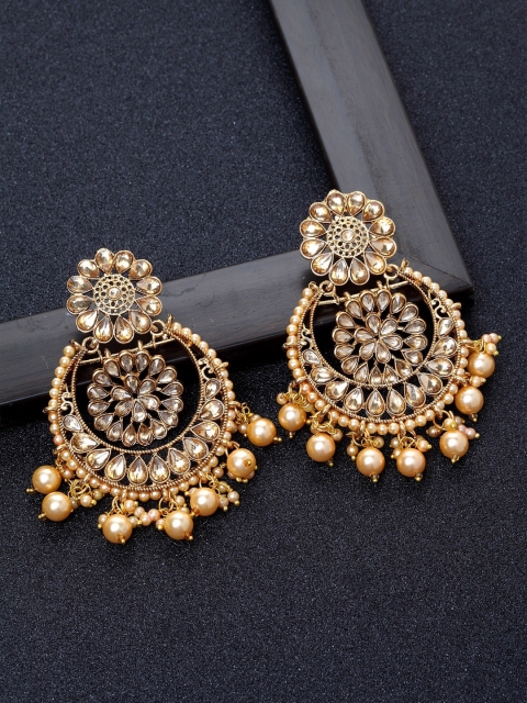 

Ibtida Gold-Plated Stone Studded & Beaded Crescent Shaped Handcrafted Chandbalis