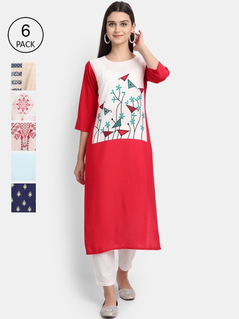 

Ethnic basket Women Pack of 6 Ethnic Motifs Printed Crepe Kurta, Red