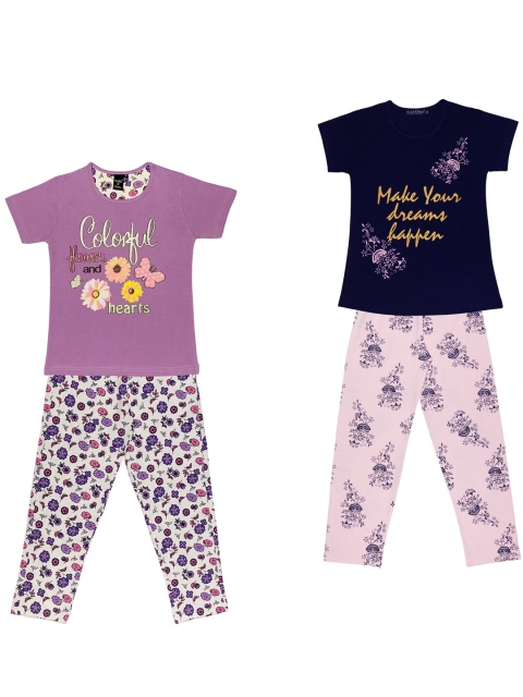 

Todd N Teen Girls Pack of 2 Navy Blue & Purple Printed Night Suits