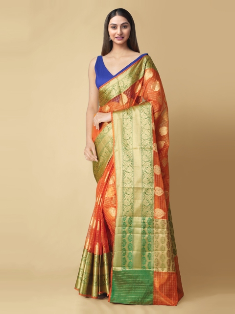 

Unnati Silks Orange Woven Design Banarasi Sustainable Saree