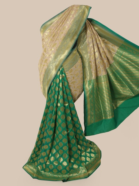 

Pothys Cream-Coloured & Green Pure Silk Woven Design Banarasi Saree