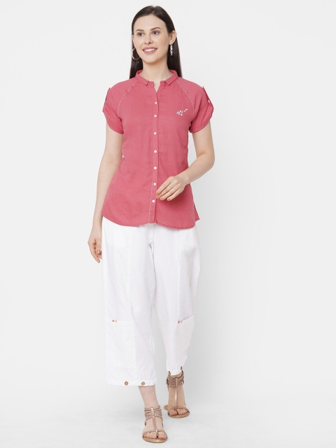 

ZOLA Women Pink & White Solid Cotton Shirt with Trousers