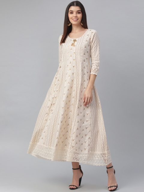 

nesara Women White & Brown Printed Anarkali Maxi Dress