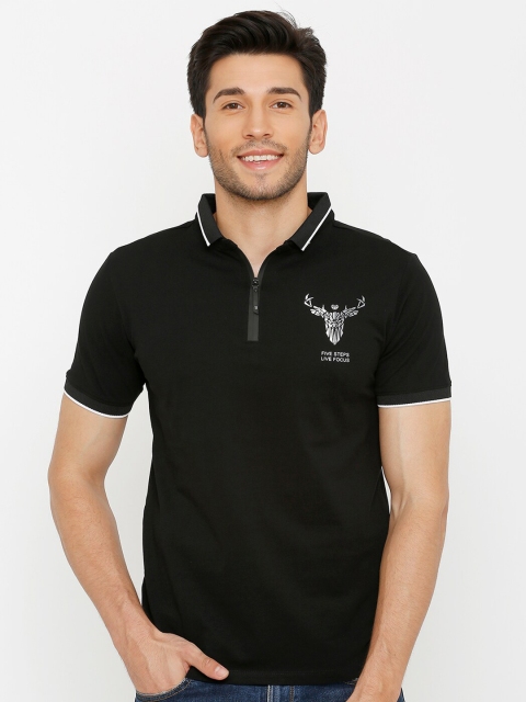 

Rex Straut Jeans Men Black Polo Collar Applique Slim Fit Cotton Pure Cotton T-shirt