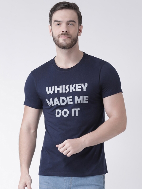 

GRIFFEL Men Navy Blue & Grey Typography Print Cotton Round Neck T-shirt