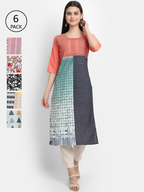 

Ethnic basket Women Pack of 6 Multicoloured Ethnic Motifs Printed Kurtas, Multi