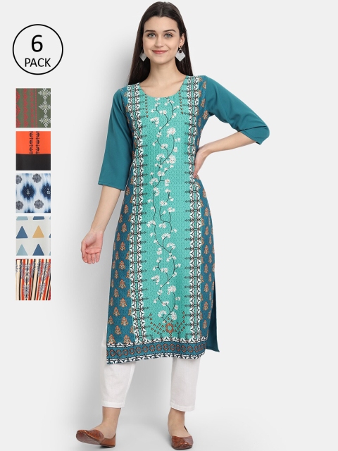 

Ethnic basket Women Pack of 6 Ethnic Motifs Printed Crepe Kurta, Multi