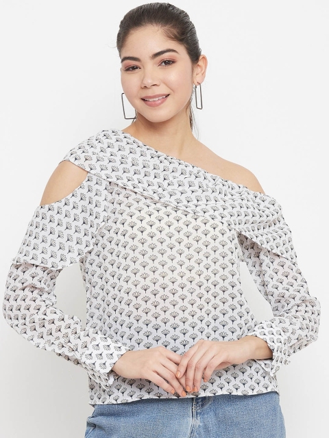 SECRETS BY ZEROKAATA White & Grey Floral Printed One Shoulder Top