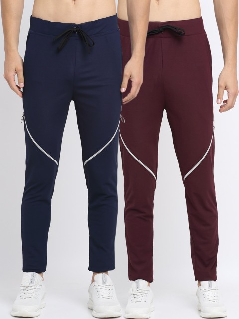 

NEUDIS Men Pack of 2 Navy Blue & Maroon Solid Slim-Fit Track Pants