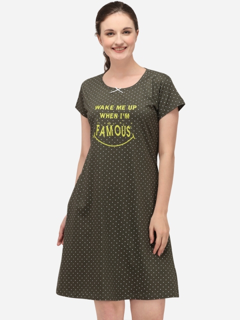 

Lenissa Women Olive Green & White Printed Cotton Sleepshirt