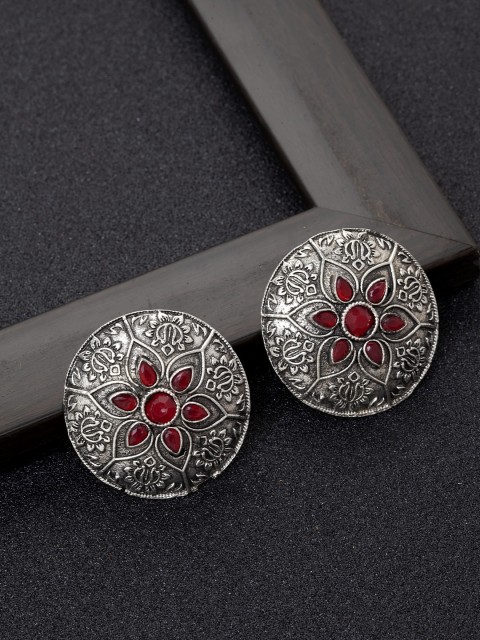 

Ibtida Oxidised Silver-Toned Rhodium Plated Stone Studded Oversized Studs