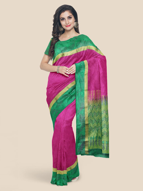 

Kalamandir Pink & Green Silk Blend Colourblocked Kanjeevaram Saree