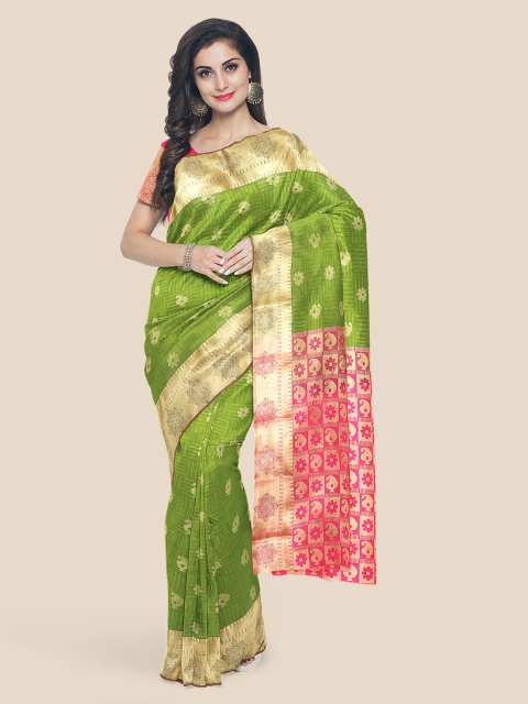 

KLM Fashion Mall Green & Pink Silk Blend Woven Design Kanjeevaram Saree