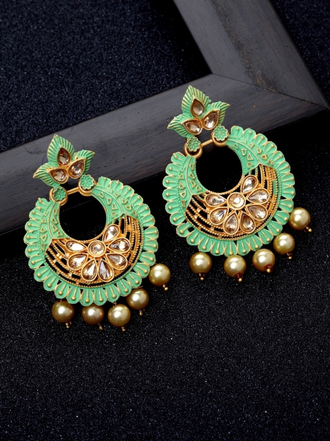 

Ibtida Green Gold-Plated Stone-Studded & Beaded Enamelled Handcrafted Chandbalis