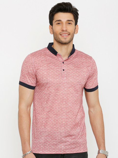 

Rex Straut Jeans Men Pink & White Printed Polo Collar T-shirt