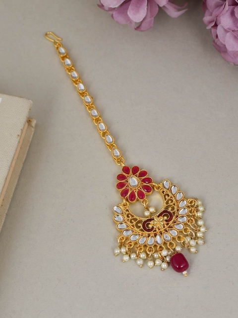 

Silvermerc Designs Gold-Plated & Red Stone-Studded & Beaded Maang Tika