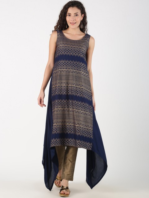 

Saffron Threads Women Navy Blue & Bronze-Toned Ethnic Motifs Kurta