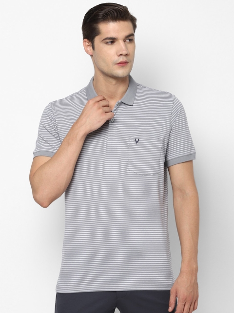 

Allen Solly Men Grey White Striped Polo Collar Pure Cotton T-shirt with Pocket