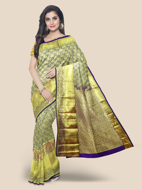 

Kalamandir Blue & Gold-Toned Silk Blend Woven Design Kanjeevaram Saree