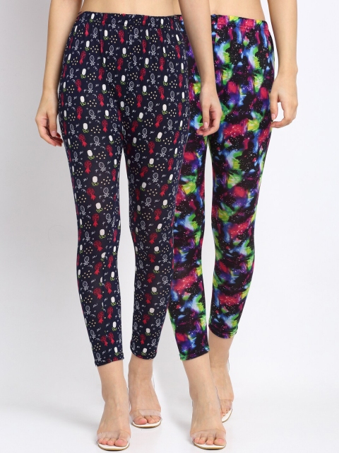 

NEUDIS Women Pack Of 2 Printed Skinny-Fit Ankle-Length Leggings, Blue