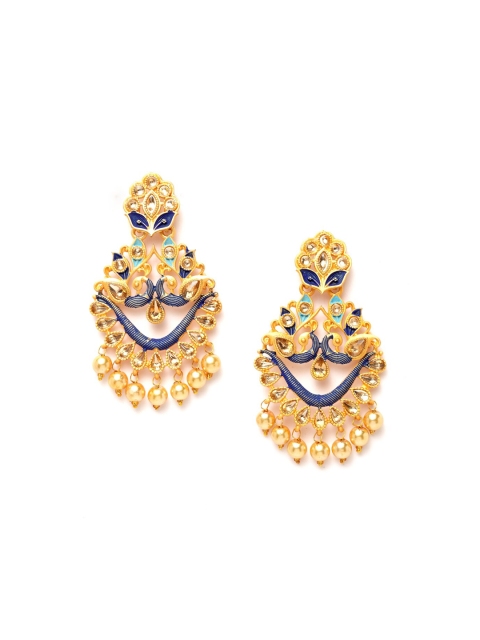 

Ibtida Blue Gold-Plated Stone Studded & Beaded Handcrafted Enamelled Drop Earrings