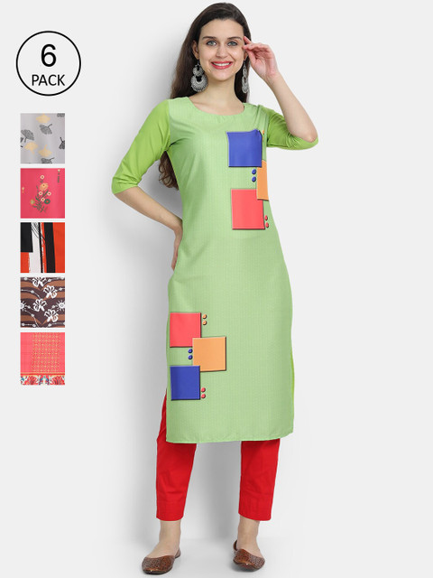 

Ethnic basket Women Pack Of 6 Multicoloured Printed Crepe Kurtas, Multi
