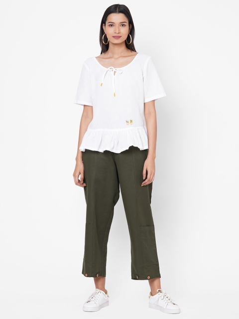 

ZOLA Women White & Olive Green Solid Top with Trousers